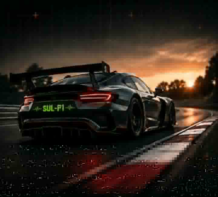 Dark GT race car at sunset with SUL-P1 rear marking